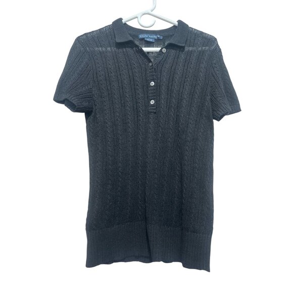 Vintage Ralph Lauren Blue Label Linen Cable Knit Polo Shirt M Black Collar Prepp - Picture 1 of 11